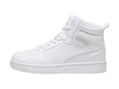 Tenis PUMA Rebound V6 Mid Blancos y Grises para Niño