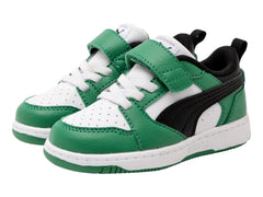 Tenis PUMA Rebound V6 Lo Blanco, Negro y Verde para Niño