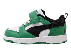 Tenis PUMA Rebound V6 Lo Blanco, Negro y Verde para Niño