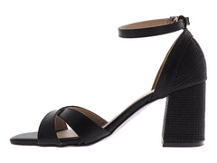 Sandalias Luna Rosa Negro Tacón Cuadrado para Mujer
