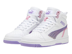 Tenis PUMA Rebound V6 Mid Blanco y Lavanda para Niña