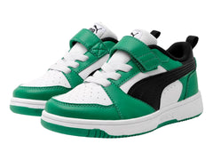 Tenis PUMA Rebound V6 Lo Blanco, Negro y Verde para Niño