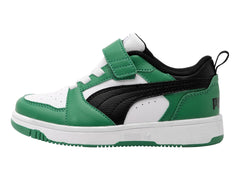 Tenis PUMA Rebound V6 Lo Blanco, Negro y Verde para Niño