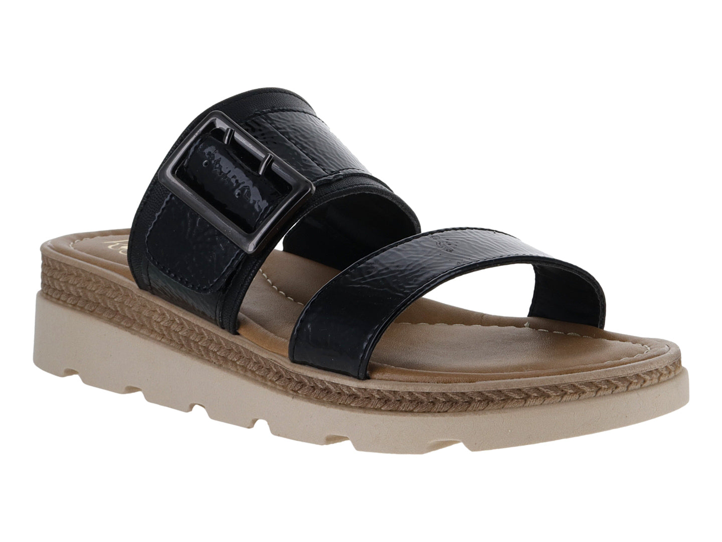 Sandalias Luna Rosa Negro Charol Arrugado para Mujer